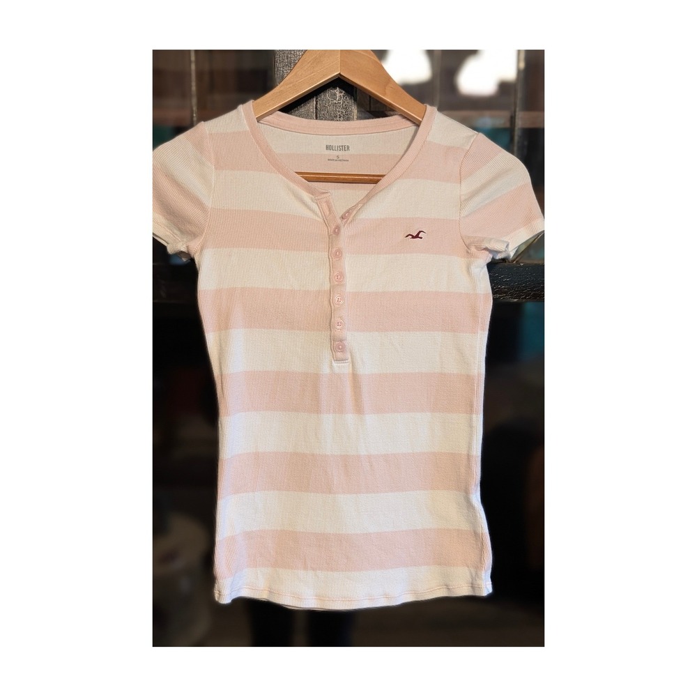 Hollister Pink White Striped Ribbed Henley baby tee Small y2k preppy fitted